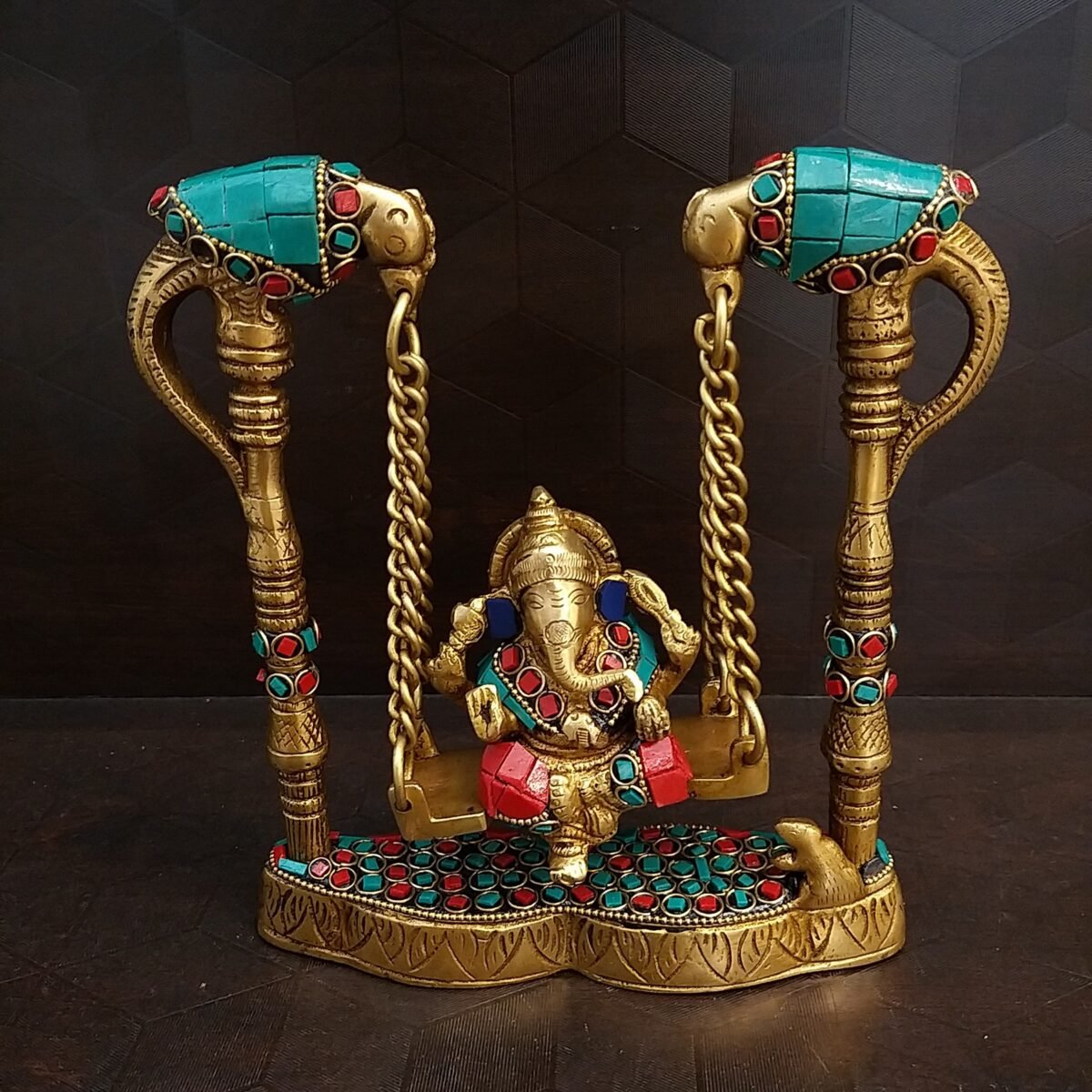 Brass Ganesha Jhula with Stone Work Idol Small