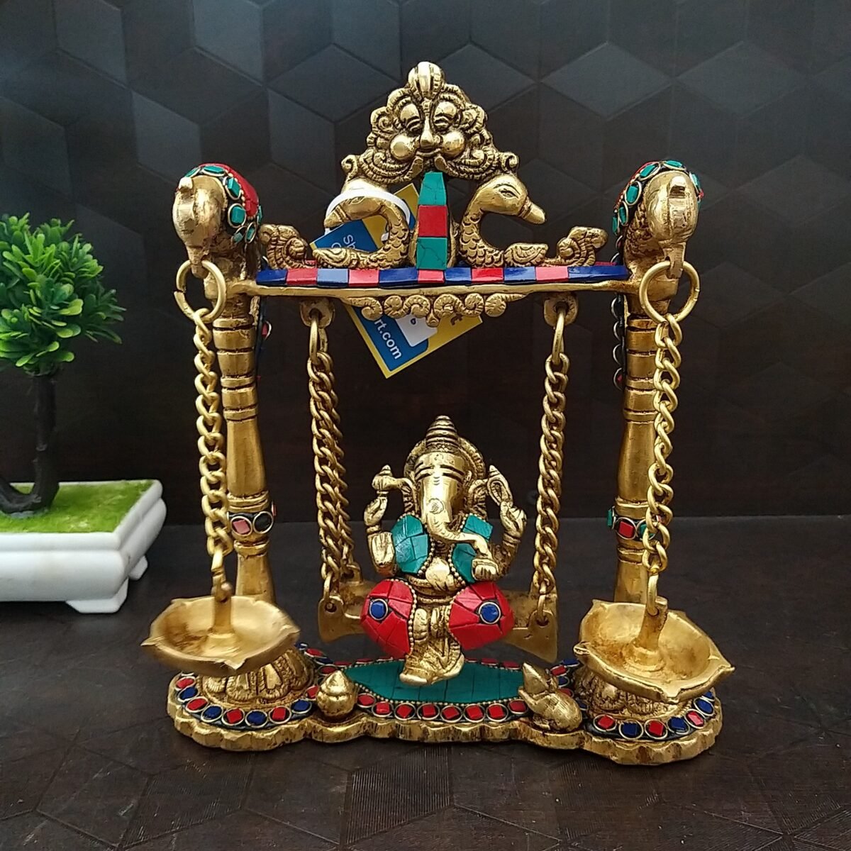 brass ganesha with swing and diya stone work idol home decor pooja items vastu gift buy online india 10240