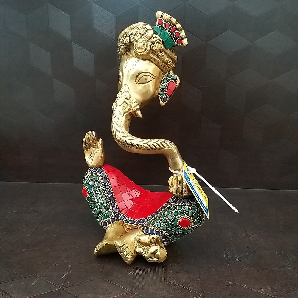 Brass Meditating Modern Ganesha with Stonework Idol- 10