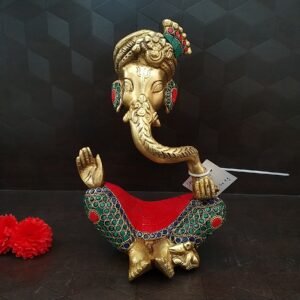 Brass Meditating Modern Ganesha with Stonework Idol