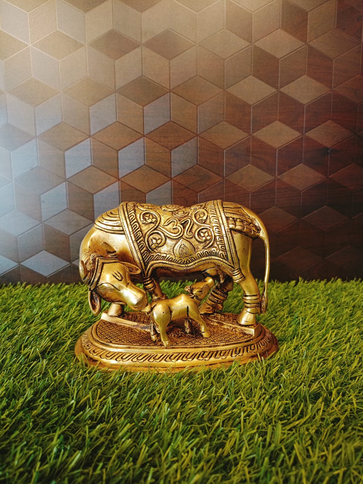 Brass Cow and Calf with Swastik Design Idol
