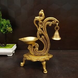 brass diya with bell in flower base small idol home decor pooja items gift buy online india 6002