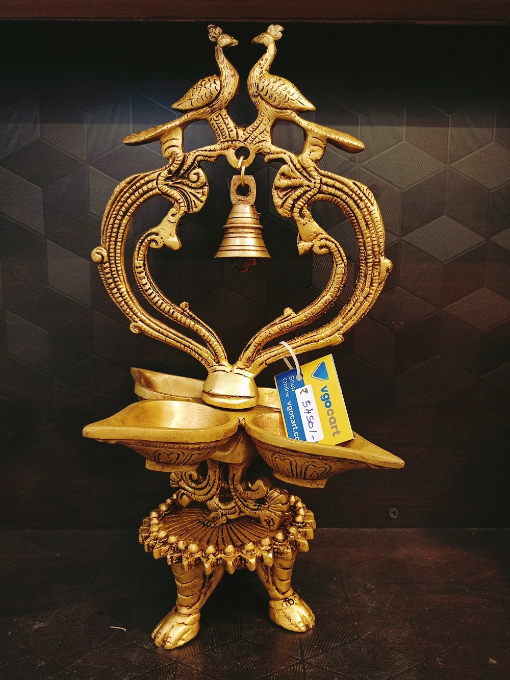 brass diya with two peacock standing with bell BA113078