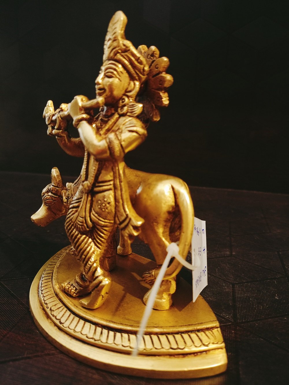 brass krishna with cow hindu god statue ba113026
