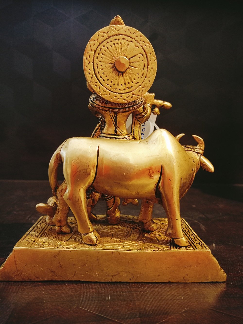 brass krishna with cow well designed base idol BA113027