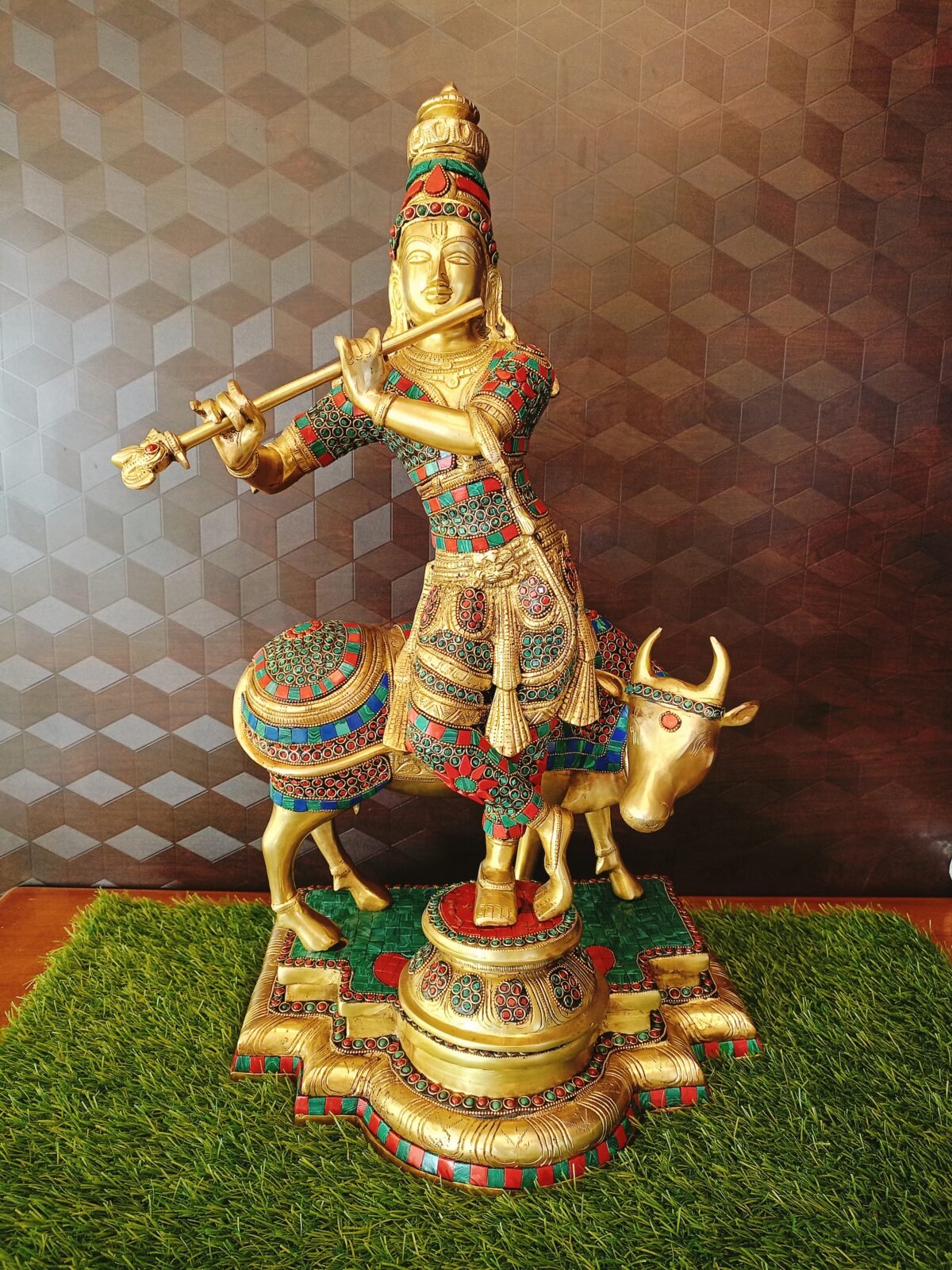 Brass Krishna with Cow