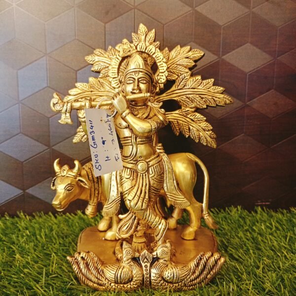 Brass Cow Krishna Tree Idol