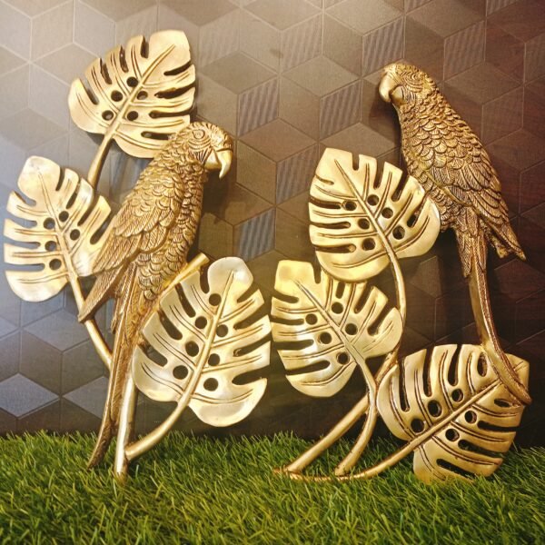 Brass golden parrot with leaves wall decor