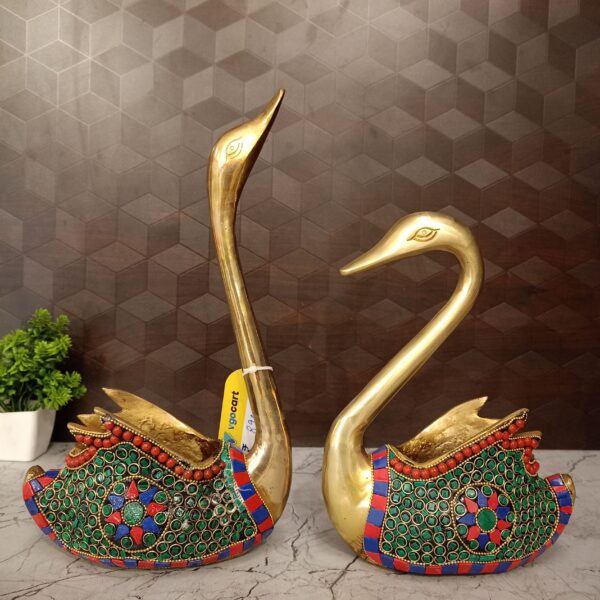 Brass Stone Swan Pair Statue 12.5"