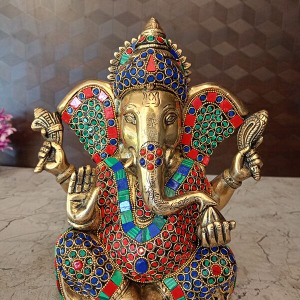 Brass Stone Ganesha Statue 10.5"