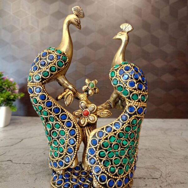 Brass Stone Peacock Idol For Home Decor 7"